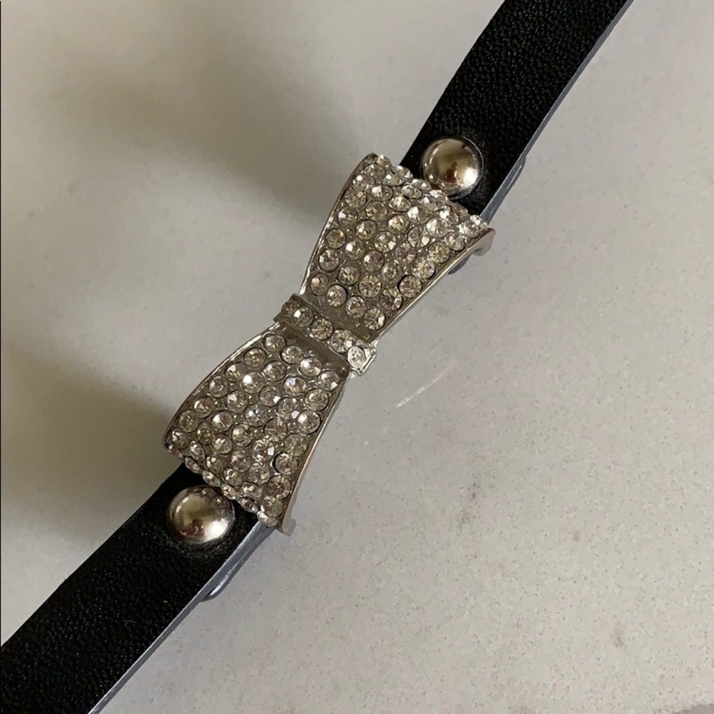 Rhinestone Bow & Black Leather Bracelet